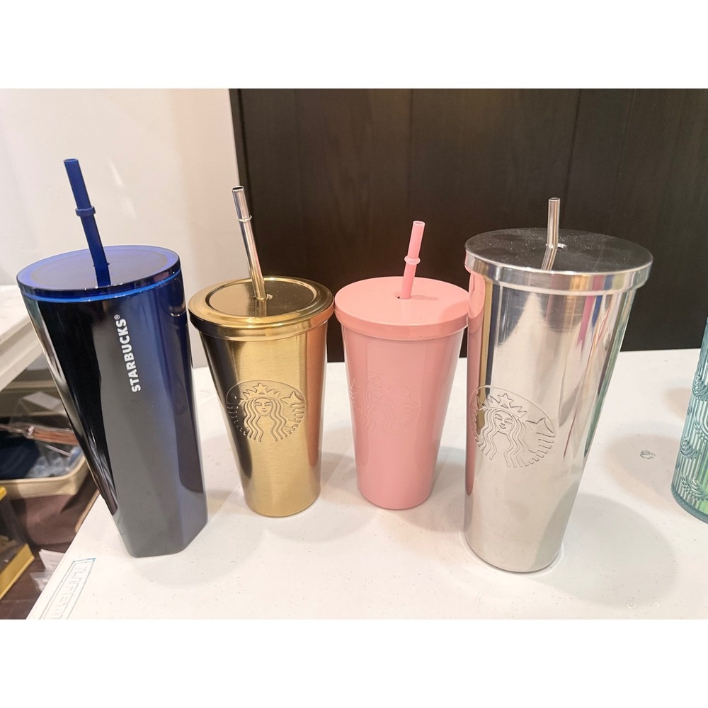 Starbucks Premium Tumbler Lot 4 Stainless Steel Blue Gold‎ Silver Pink Cups